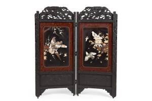 A Japanese screen with open work carving on the top and bone and mother of pearl inlaid decoration, 20th century. 184 x 158cm