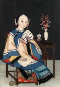 A Chinese reverse glass painting, portrait of a woman, 19th century. 50 x 35cm