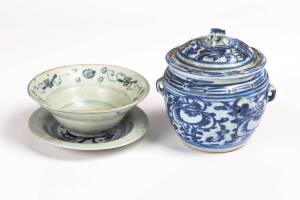 A group of three Chinese blue and white ceramics including one dish, late 16th century, with "Qilin" decoration, 15.5cm diameter; one covered jar with four lugs, Qing dynasty (1644-1911), 18cm high; and one everted rimmed bowl, Qing dynasty (1644-1911), 1