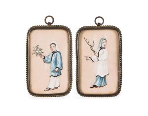 A pair of Chinese miniature portraits painted on rice paper in brass frames, early to mid 19th century. 10 x 6cm each