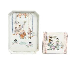 A Chinese ceramic pillow (12cm high) and tray (24 x 17cm), 19th and early 20th century.