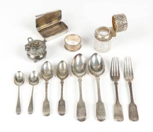 Assorted English sterling silver cutlery (8 pieces), napkin ring, silver topped jar, snuff box (damaged) and a silver plated table cigar lighter.