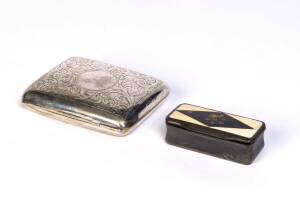 Silver plated cigarette case and an antique snuff box made from horn, ivory, tortoise shell and silver. 