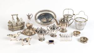 A collection of sterling silver and silver platted table ware including a WMF 7 piece drinks set, cruet set, wine coasters, vanity jars, condiments, tureens etc, 19th and 20th century. (40+ items)