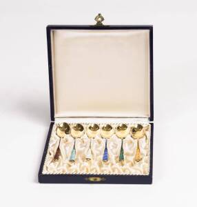 Set of 6 Danish silver and enamel tea spoons in box. 