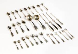 A pair of Georgian sterling silver sauce ladles, assorted Scottish and English sterling silver spoons (12), 4 lobster forks & 2 pieces of silver plate cutlery