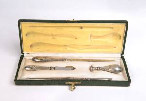 A French silver plated writing set in plush fitted box, late 19th century.