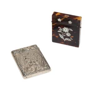 Two card cases, sterling silver and tortoise shell with mother of pearl inlay, 19th century. 10 x 7cm and 6 x 7cm