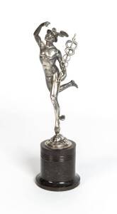 German silver plated statue of Mercury by WMF on stone plinth, early 20th century. 29.5cm