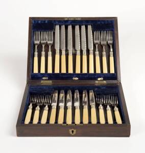 Boxed set of silver plated fruit cutlery with ivory handles retailed through A.Saunders of Sydney, late 19th century.