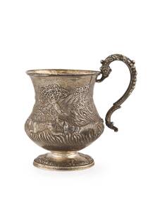 A George IV sterling silver baluster mug elaborately embossed with hounds stalking ducks by Jonathan Hayne, London 1829. 11.5 cm high, 145 grams