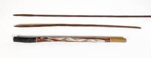 Didgeridoo, spear (2), coolamon, clubs (4), woomera and boomerang, Northern Territory and Western Australian origin, mid 20th century. (10)