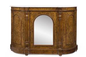 A Victorian marble top marquetry inlaid walnut credenza