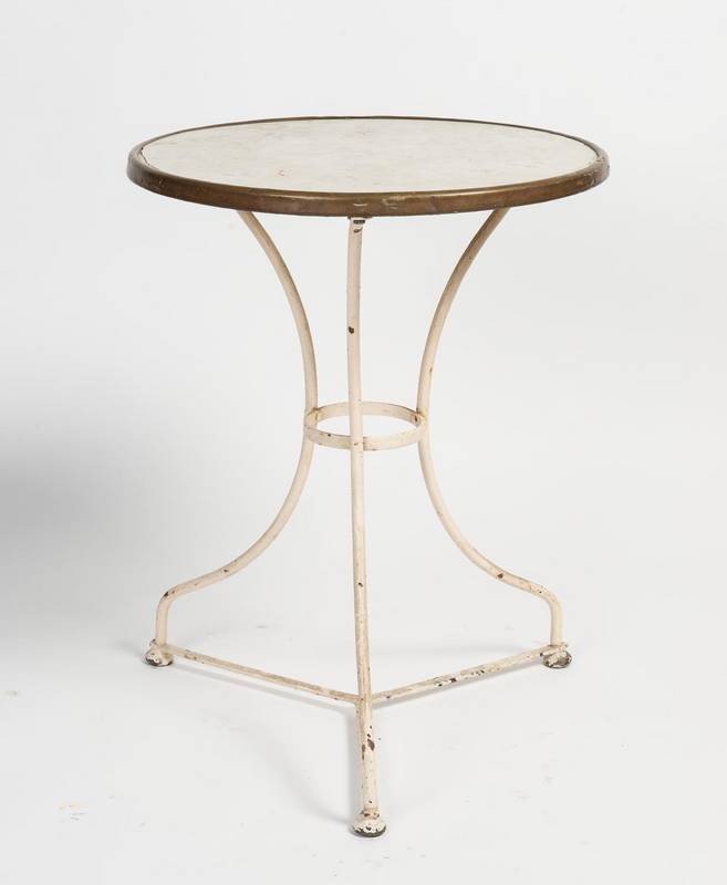 A Carrara marble and brass circular patio table, French, circa 1900. 70cm high, 21.5cm diameter