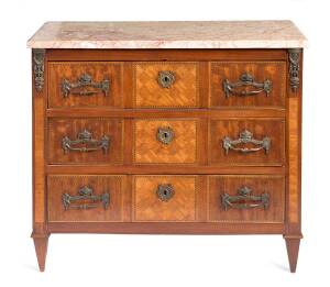 A French parquetry front commode with barber pole string inlay & marble top, 19th century.