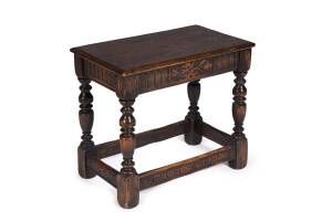 A George III style oak joint stool. 57cm high, 66cm wide, 40cm deep