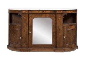 A Victorian marble top marquetry inlaid walnut credenza with open display shelves to each side