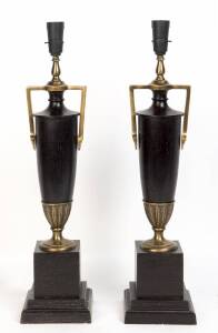 A pair of lacquered brass urn form lamp bases. 65cm high