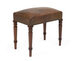 A Victorian mahogany studded leather stool. 50cm high, 53cm wide, 33cm deep