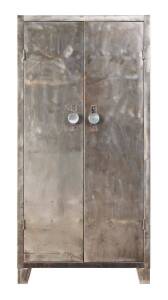 A French two door steel fitted cupboard, circa 1950. 175cm high, 148cm wide, 67.5cm deep.