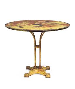 A French Art Deco metal garden or cafe table with yellow painted finish. 75cm high, 96.5cm diameter. 