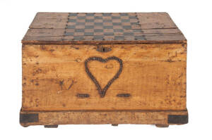 An unusual decorated marriage trunk, French, early 19th century. 42cm high, 80cm wide, 44cm deep