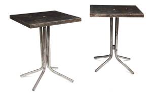 A pair of square steel bistro tables, French, circa 1950. 77cm high, 60cm wide, 60cm deep.