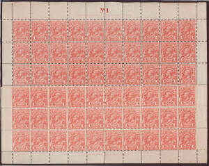 ONE PENNY KING GEORGE V: Four complete sheets of 120 (12x10) with imprints on all sides and Plate Numbers 'No 1' to 'No 4', numerous Re-Entries and Retouches, folded for display on oversize exhibit pages, some minor problems including a few missing pieces