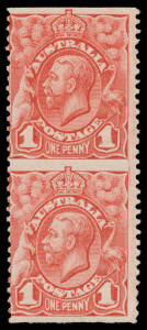 ONE PENNY KING GEORGE V: 1d carmine-red vertical pair Imperforate Horizontally BW #59bb (SG 17b), the lower unit with a minor crease at the base, Cat $3500 (£2250). [Arthur's similar pair - lower unit with a small thin - sold for $2856]