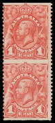 ONE PENNY KING GEORGE V: 1d carmine-red vertical pair Imperforate Horizontally BW #59bb (SG 17b), the lower unit with a minor crease at the base, Cat $3500 (&pound;2250). [Arthur's similar pair - lower unit with a small thin - sold for $2856]