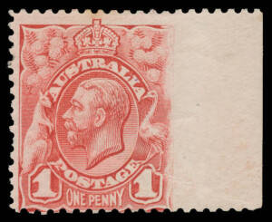 ONE PENNY KING GEORGE V: Plate 1 1d rose-red marginal example from the right of the sheet [20] Imperforate at Right BW #59be, creased, Cat $1500.