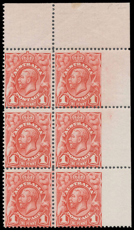 ONE PENNY KING GEORGE V: Plate 2 1d rose-red corner block of 6 [9-10/29-30] from the upper-right of the sheet Imperforate at Right BW #59bf, the first - normal - unit with light crease otherwise superb, unmounted, Cat $3750++ (mounted). [Arthur's lightly