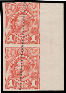 ONE PENNY KING GEORGE V: 1d carmine-red vertical pair Imperforate Horizontally from Plate 2 BW #59bb additionally Imperf at Right with a slightly Diagonal Row of Aberrant Vertical Perfs BW #59bb(var), the upper unit creased & the lower unit with a small t