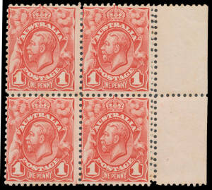 ONE PENNY KING GEORGE V: 1d Double Perforations BW #59bi variously affecting a corner strip of 3 (Plate 3 No 118-120, unmounted), and three blocks of 4 (one marginal from Plate 2 No 29-30/39-40), Cat $1500++. (4 items)