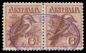 SIX PENCE KOOKABURRA: 6d horizontal pair with very fine oval 'RABAUL/APR 27 1915/NEW BRITAIN' datestamp in violet.