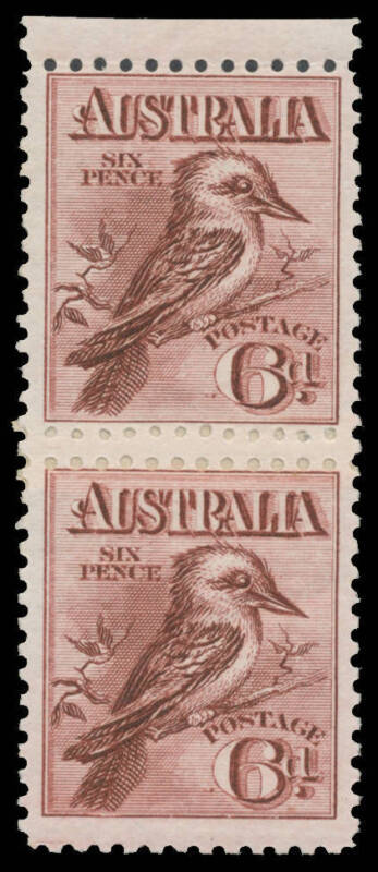 SIX PENCE KOOKABURRA: 6d vertical pair with Double Perforations BW #60b between the units with an Official Repair, unmounted, Cat $600+.