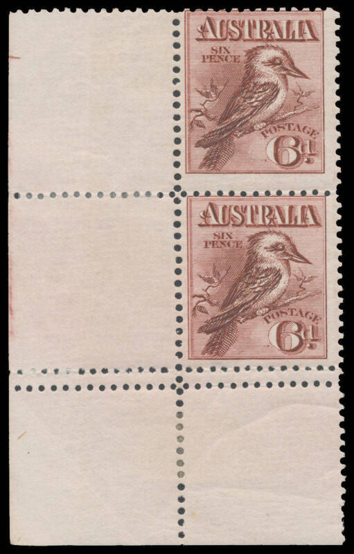 SIX PENCE KOOKABURRA: 6d vertical pair from the lower-left of the sheet with Double Perforations BW #60b at the base, the lower unit is unmounted, Cat $600+.