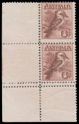 SIX PENCE KOOKABURRA: 6d vertical pair from the lower-left of the sheet with Double Perforations BW #60b at the base, the lower unit is unmounted, Cat $600+.