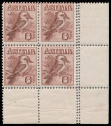 SIX PENCE KOOKABURRA: 6d corner block of 4 from the lower-right of the sheet with Double Perforations BW #60b at right, the lower units are unmounted, Cat $1000+.