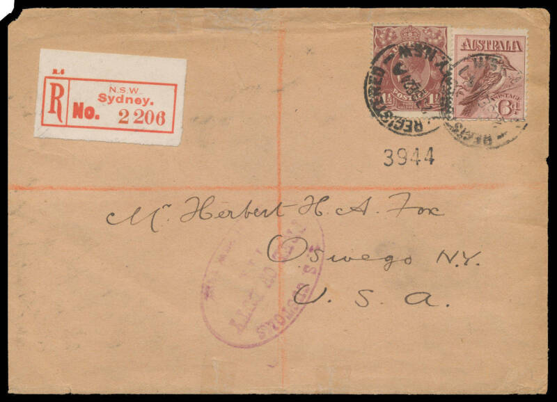 SIX PENCE KOOKABURRA: 6d + KGV 1½d brown very late usage on 1924 cover to New York with Sydney cds & red/white registration label, oval US Customs cachet in purple, Cat $2500 on cover.