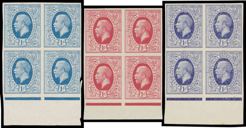 ORIGIN OF THE DESIGN: 1912 British "Ideal Stamp" imperforate blocks of 4 in black, blue (one unit damaged), violet & claret plus perforated singles in blue & violet, also two unused "Ideal Stamp" postcards in different colours, very fine to superb. (8 ite