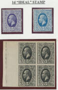 ORIGIN OF THE DESIGN: 1912 British "Ideal Stamp" imperforate blocks of 4 in black, blue (one unit damaged), violet & claret plus perforated singles in blue & violet, also two unused "Ideal Stamp" postcards in different colours, very fine to superb. (8 ite - 2