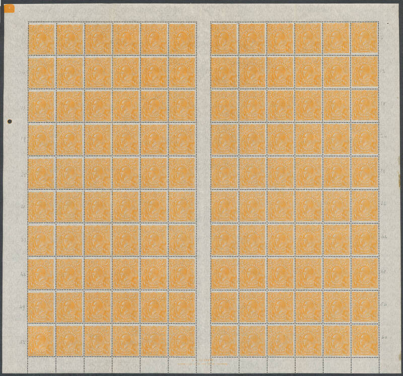 HALFPENNY ORANGE: Complete sheets of 120 comprising Single Watermark x2 (one with the imprint block of 4 removed, the other with the imprint guillotined-off), Small Multiple Wmk Perf 14 Electro 8, Perf 13½x12½ Electro 8 and CofA Watermark Electro 9 (the l