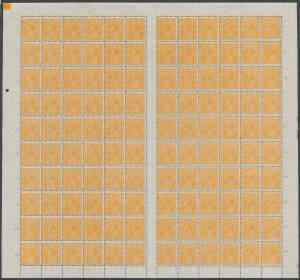 HALFPENNY ORANGE: Complete sheets of 120 comprising Single Watermark x2 (one with the imprint block of 4 removed, the other with the imprint guillotined-off), Small Multiple Wmk Perf 14 Electro 8, Perf 13½x12½ Electro 8 and CofA Watermark Electro 9 (the l