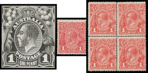 ONE PENNY RED: Useful range with Engraved imprint blocks of 8 & 12 and Plate Number 'No 1' to 'No 3' blocks of 8; Prancing Horse "essay" x3 pairs; State 3 stamp-size die proof in black; imperf plate proof singles in black & in red; Single-Line Perf margin