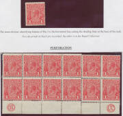 ONE PENNY RED: Useful range with Engraved imprint blocks of 8 & 12 and Plate Number 'No 1' to 'No 3' blocks of 8; Prancing Horse "essay" x3 pairs; State 3 stamp-size die proof in black; imperf plate proof singles in black & in red; Single-Line Perf margin - 4