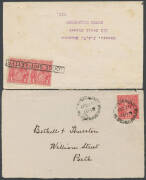 ONE PENNY RED: Listed varieties on commercial covers or fronts comprising Single-Line Perf (front only), Complete Compartment Line at Left, Cut in Left Frame [V/1], Dot before '1' (front), Thin 'G' on Rough Paper (front), Ferns (front), Die II both papers - 4