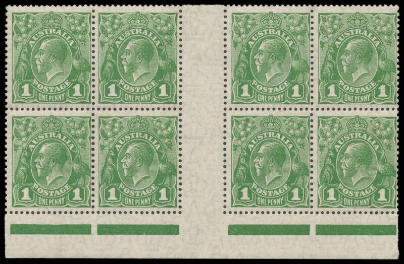 ONE PENNY GREEN: Range on display pages etc with lots of shades & annotated varieties, also Harrison Imprint blocks x6, SMultiple Watermark Perf 13½x12½ No Imprint block of 8 (!!) & Coil Strip of 4 with the Watermark Inverted, perforation errors including