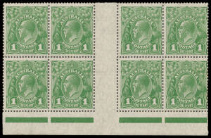 ONE PENNY GREEN: Range on display pages etc with lots of shades & annotated varieties, also Harrison Imprint blocks x6, SMultiple Watermark Perf 13½x12½ No Imprint block of 8 (!!) & Coil Strip of 4 with the Watermark Inverted, perforation errors including