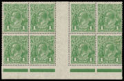 ONE PENNY GREEN: Range on display pages etc with lots of shades & annotated varieties, also Harrison Imprint blocks x6, SMultiple Watermark Perf 13&frac12;x12&frac12; No Imprint block of 8 (!!) & Coil Strip of 4 with the Watermark Inverted, perforation errors including